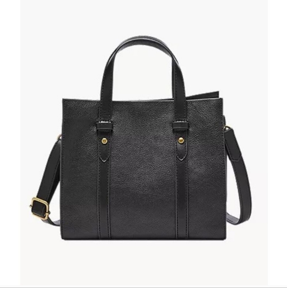 Fossil Kingston Black Pebble Leather Square Satchel Medium Hand Bag NWOT